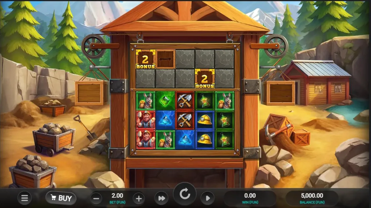 Tampilan visual slot Digger’s Dough dengan tema tambang emas dan karakter penambang.