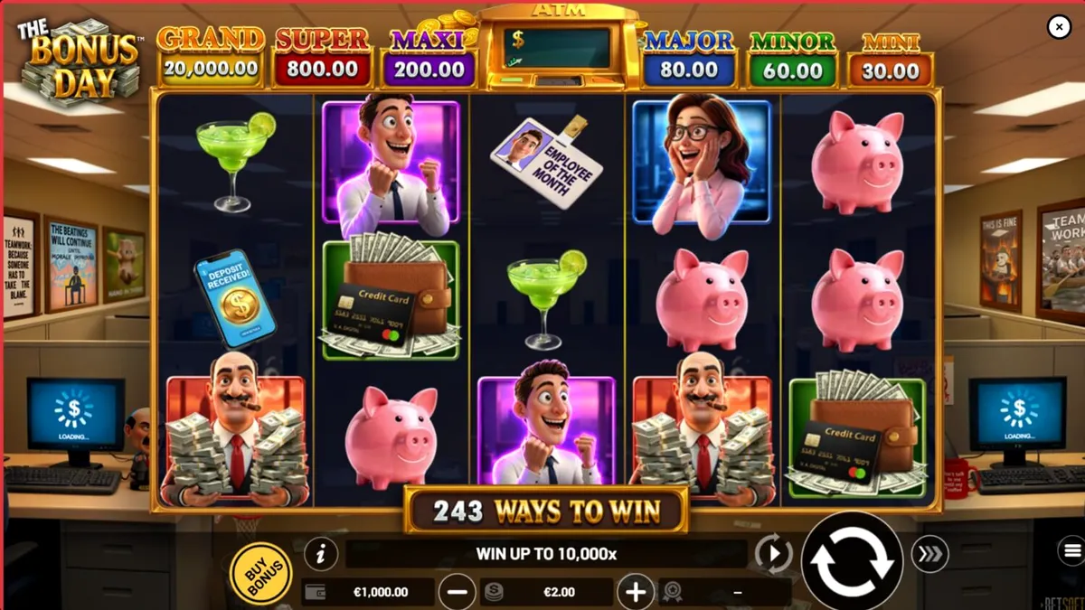 Tampilan visual slot The Bonus Day dengan tema kantor yang penuh warna