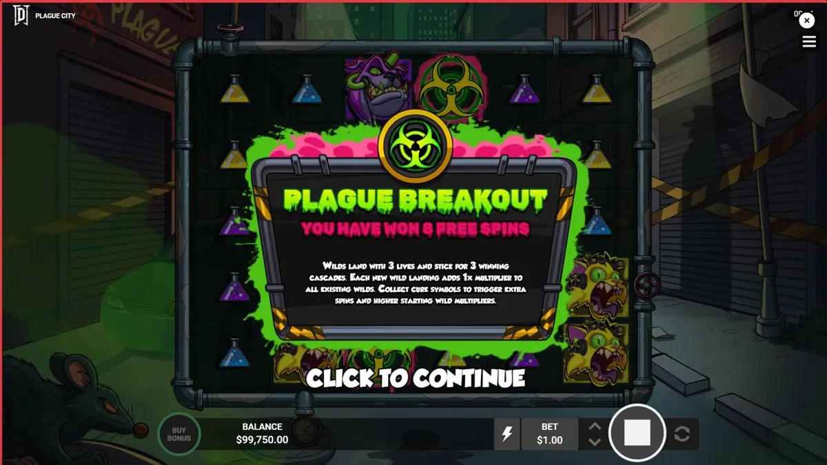 Tampilan visual slot Plague City dengan tema apokaliptik dan elemen laboratorium medis